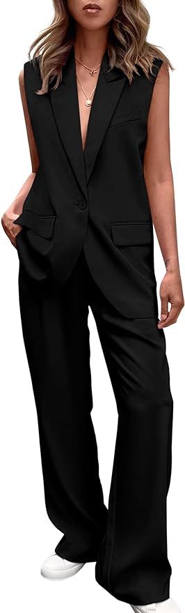 PRETTYGARDEN Women's 2 Piece Outfits Sleeveless Suit Vest and Wide Leg Pants Business Casual Blaz... | Amazon (US)