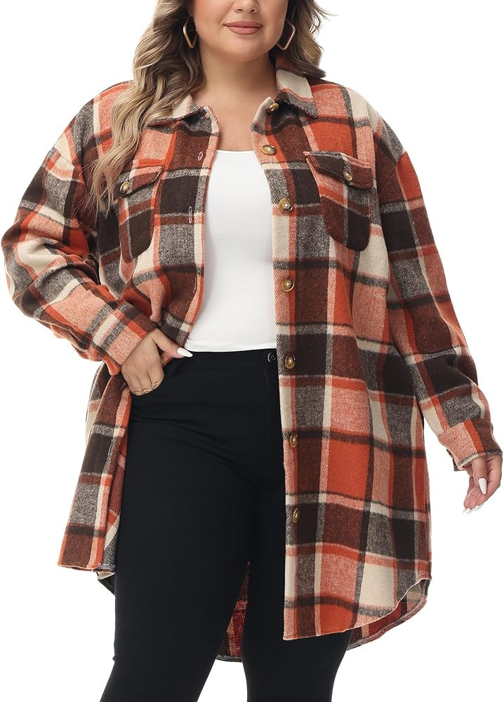 URBEST Women's Oversized Plaid Shacket - Cozy Long Sleeve Button Down Jacket with Pockets, Knee L... | Amazon (US)