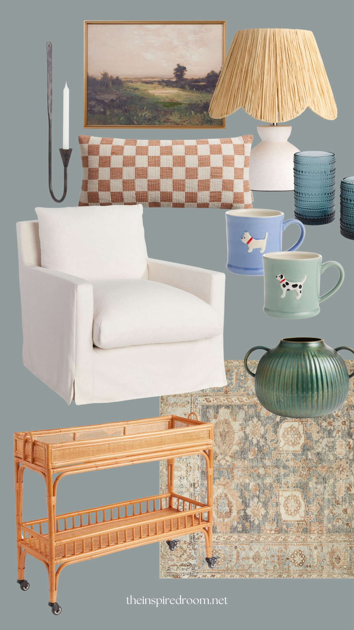 World market decor finds - armchair swivel slipcovered, checkered pillow, art, candle wall sconce, rug, hobnail glasses, lamp with raffia shade, rattan cart, dog mugs, vase 

#LTKHome #LTKHoliday #LTKSaleAlert