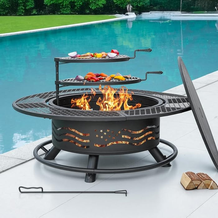 Panovue 47 Inch Fire Pit with 2 Cooking Grates, Outdoor Wood Burning BBQ Grill Firepit Bowl with ... | Amazon (US)