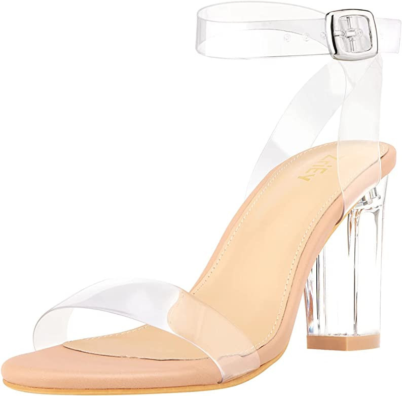 ZriEy chunky heels for women Clear Block Heels strappy platform sandals Ankle Strap Sandals Adjus... | Amazon (US)