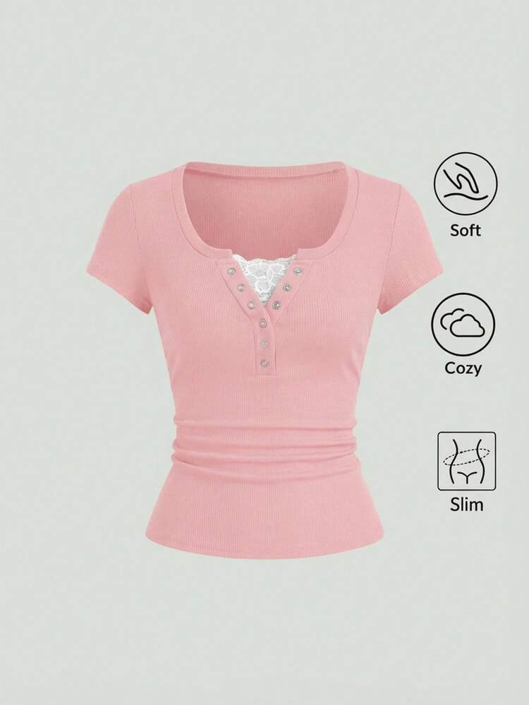 Sweetra Streetwear Damen Halboffenes \u00d6sen-Spitzenbesatz 2 in 1 Kurzarm Einfarbiges T-Shirt | SHEIN