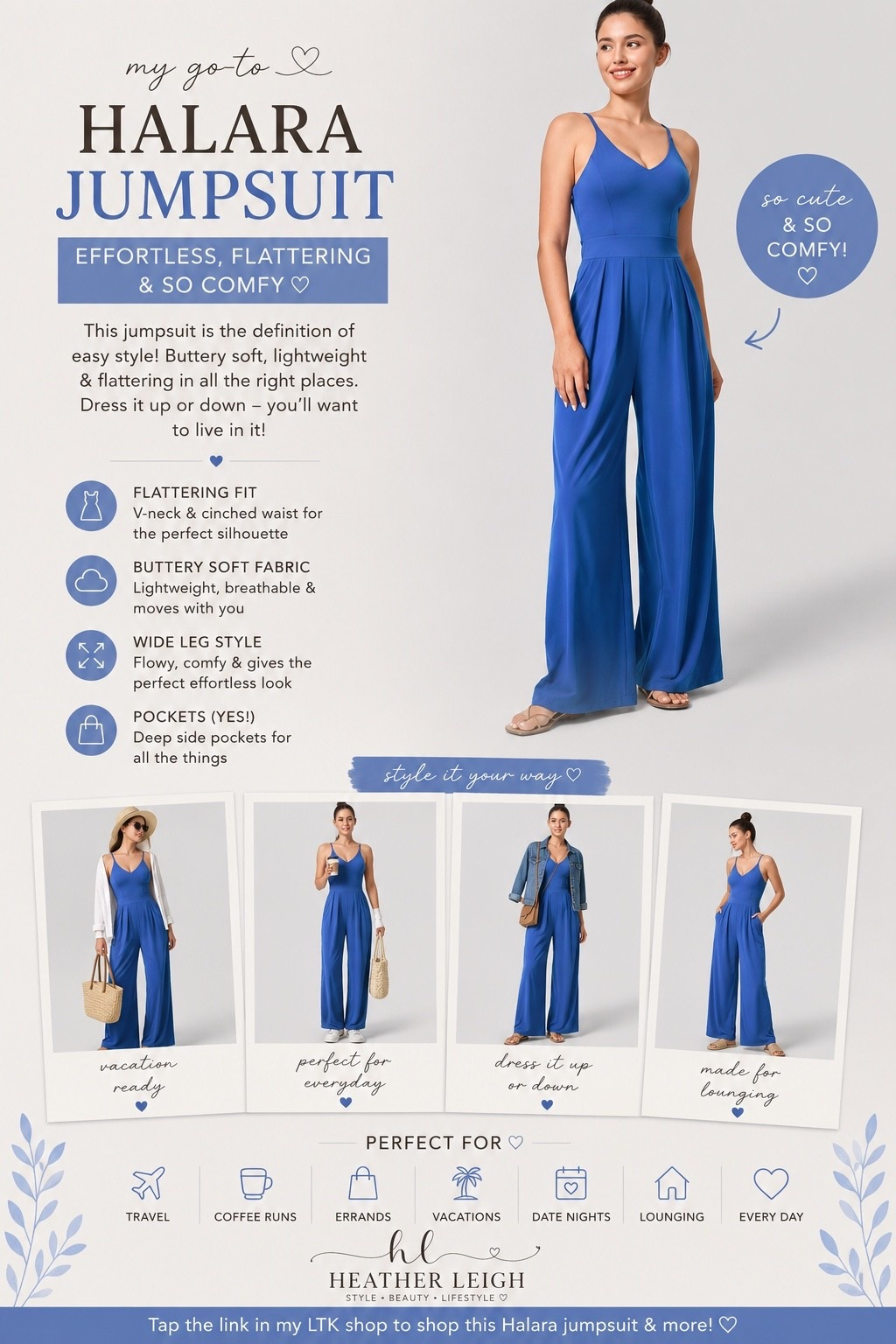 ✨ My go-to Halara jumpsuit 🤍

This is one of those outfits that makes getting dressed so easy — flattering, buttery soft, lightweight, and insanely comfortable while still looking put together ✨

I love the wide leg fit, the flattering waist detail, and that you can dress it up or keep it casual depending on the day 💙 Bonus: it has pockets!!

Perfect for:
🤍 Travel days
🤍 Coffee runs
🤍 Errands
🤍 Vacations
🤍 Lounging
🤍 Everyday wear

#halara #halarastyle #heatherleighfinds #ltkstyle #jumpsuitstyle #everydayfashion #comfystyle #traveloutfit #casualchic #effortlessstyle