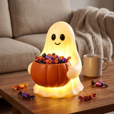 LiUMX LED Light Up Ghost Pumpkin Candy Bowl Halloween Decor, Plastic Warm LED Glowing Ghost Treat Bowl for Front Porch, Yard, Entryway, Indoor Outdoor Display | Walmart (US)