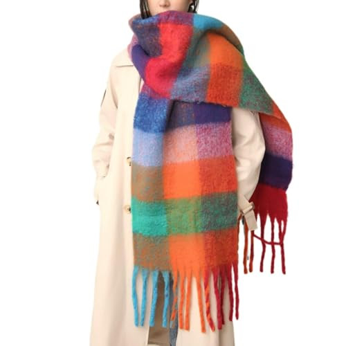 MININAI Chunky Winter Scarfs for Women Cold Weather Warm Knit Thick Plaid Scarf Long Large Oversized Checked Scarves (Colorful) | Amazon (US)