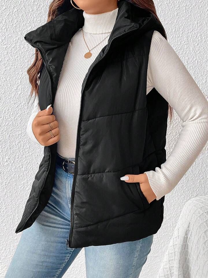 SHEIN Frenchy Plus Zip Up Hooded Vest Puffer Coat | SHEIN