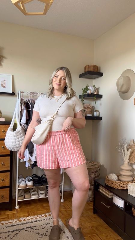Comfy casual summer outfit - fitted basic tee (part of a matching set, I wear L), pink striped linen boxer shorts (L), Birkenstock inspired clogs from Amazon (TTS)


#LTKcanada #LTKmidsize #LTKsummer