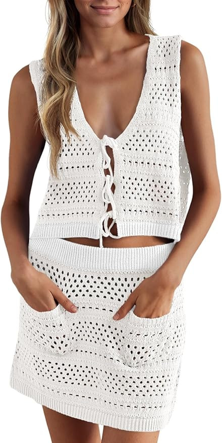 Saodimallsu Womens Crochet Swim Cover Up 2 Piece V Neck Sleeveless Front Tie Crop Tops Beach Mini... | Amazon (US)