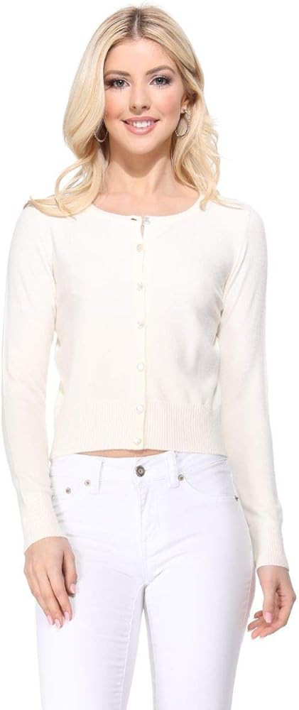YEMAK Women's Cropped Cardigan Sweater – Long Sleeve Crewneck Basic Classic Casual Button Down ... | Amazon (US)