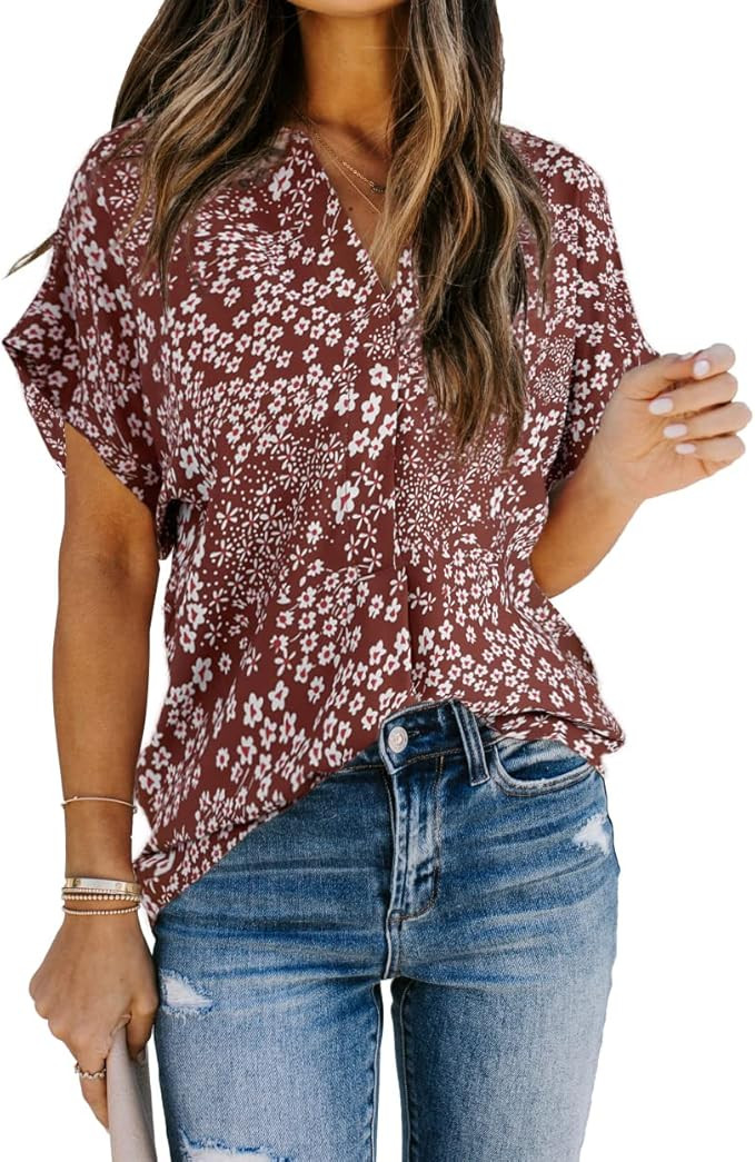 Allimy Women Summer Casual Split V Neckline Chiffon Blouses Loose Tunic Short Sleeve Tops | Amazon (US)