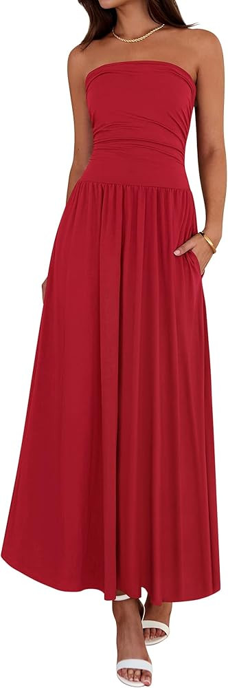 BTFBM Summer Maxi Dresses for Women 2026 Strapless Ruched Tube Top Beach Vacation Spring Wedding ... | Amazon (US)
