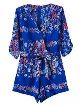 'Alison' Blue Chiffon Floral Print Wrap Front Romper | Goodnight Macaroon