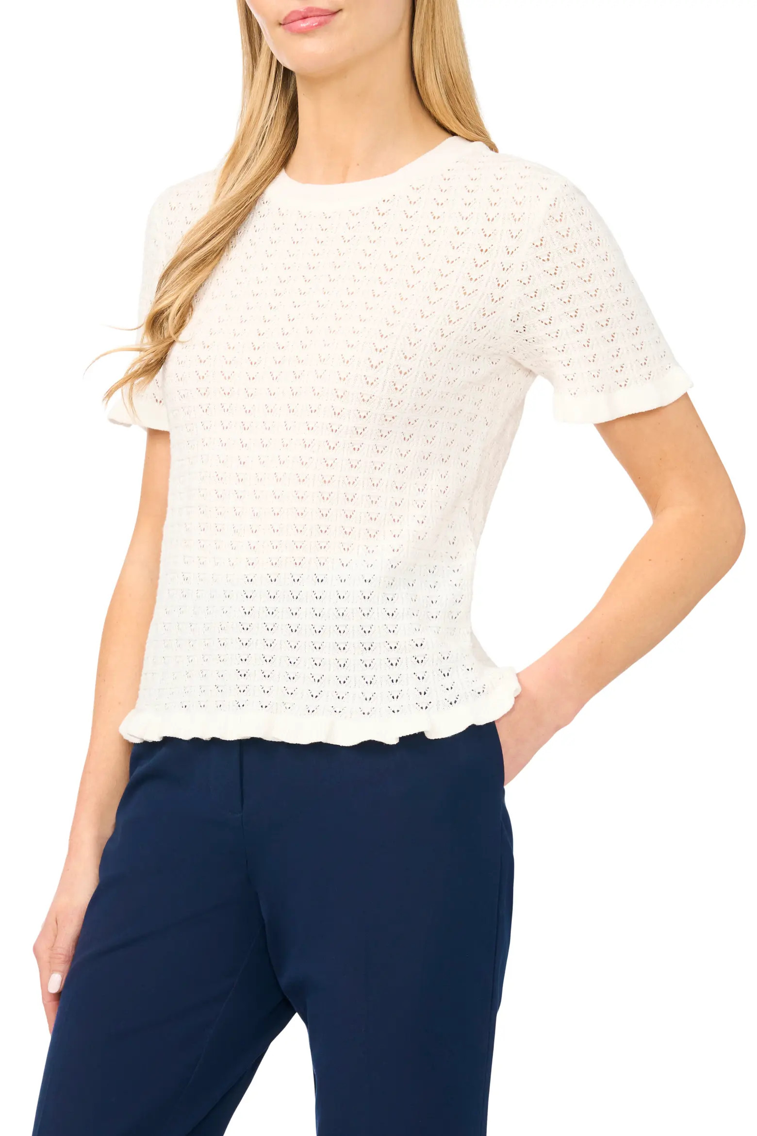 Ruffle Trim Pointelle Stitch Short Sleeve Sweater (Women) | Nordstrom | Nordstrom