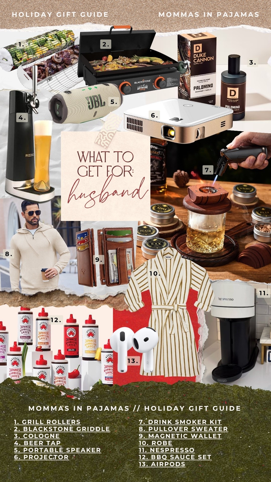 Gift guide for your husband or boyfriend:

MOMMAS IN PAJAMAS // HOLIDAY GIFT GUIDE
1. GRILL ROLLERS
2. BLACKSTONE GRIDDLE
3. COLOGNE
4. BEER TAP
5. PORTABLE SPEAKER
6. PROJECTOR
7. DRINK SMOKER KIT
8. PULLOVER SWEATER
9. MAGNETIC WALLET
10. ROBE
11. NESPRESSO
12. BBQ SAUCE SET

#LTKGiftGuide #LTKCyberWeek #LTKHoliday
