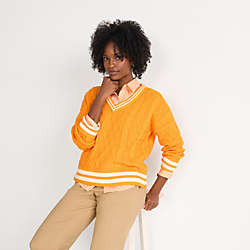 Women's Drifter Varsity Vneck Sweater with Crest | Lands' End (US)