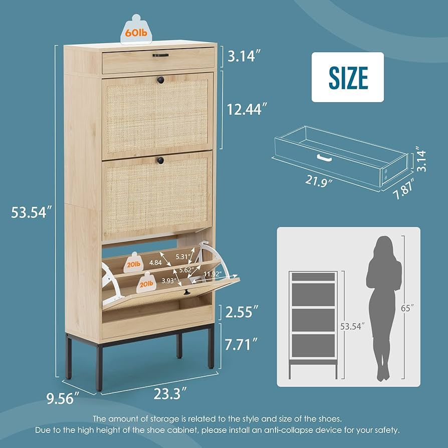 Brafab Freestanding Shoe Cabinet with 3 Flip Drawers, 2 Layer Shoe Shelf, Natural Rattan Shoe Sto... | Amazon (US)