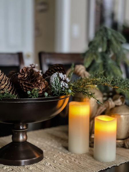 Table top neutral holiday decor. Compote bowl, footed bowl, flameless candles, pine cones, Christmas tree, home decor ideas

#LTKSeasonal #LTKHoliday #LTKhome