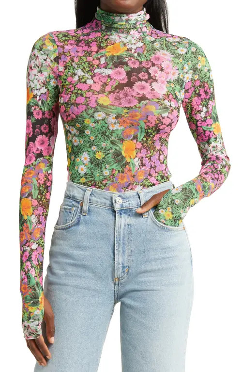 AFRM Zadie Print Mesh Turtleneck in Mixed Floral Sub at Nordstrom, Size X-Large | Nordstrom
