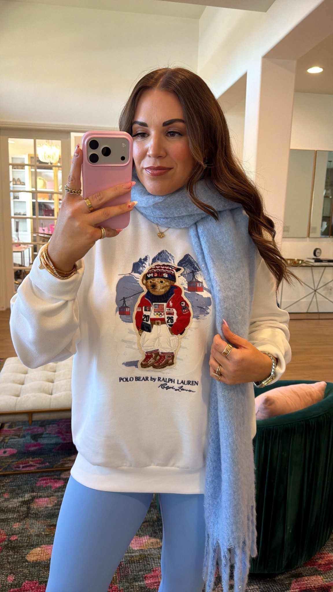 curvy midsize Olympic themed outfit! wearing size large in unisex polo bear sweatshirt and size 10 in leggings! 

#LTKMidsize #LTKSeasonal