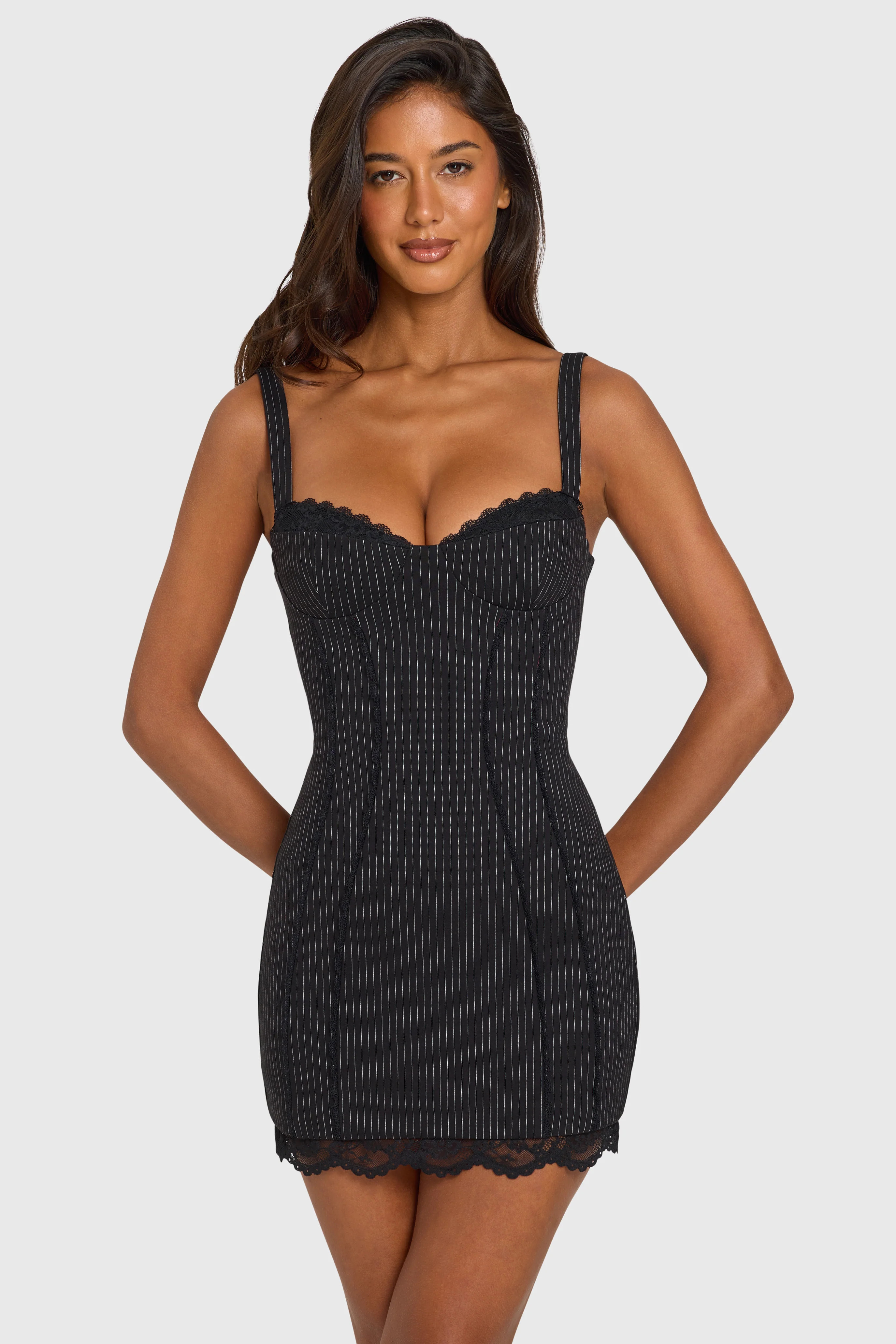 Keava Pinstripe Ponte Lace-Trim Peekaboo Mini Dress in Black Pinstripe | Oh Polly | Oh Polly