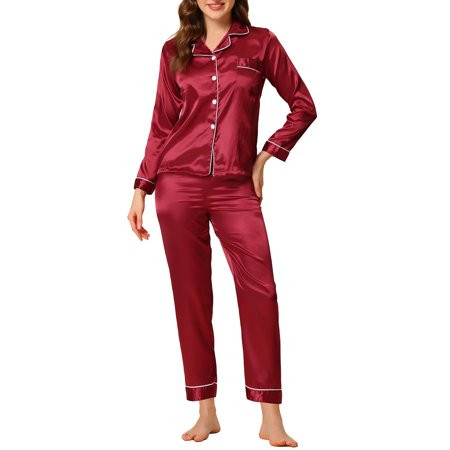 Unique Bargains Women's Satin 2pc Loungewear Button Down Silky Pajama Sleepwear Sets | Walmart (US)