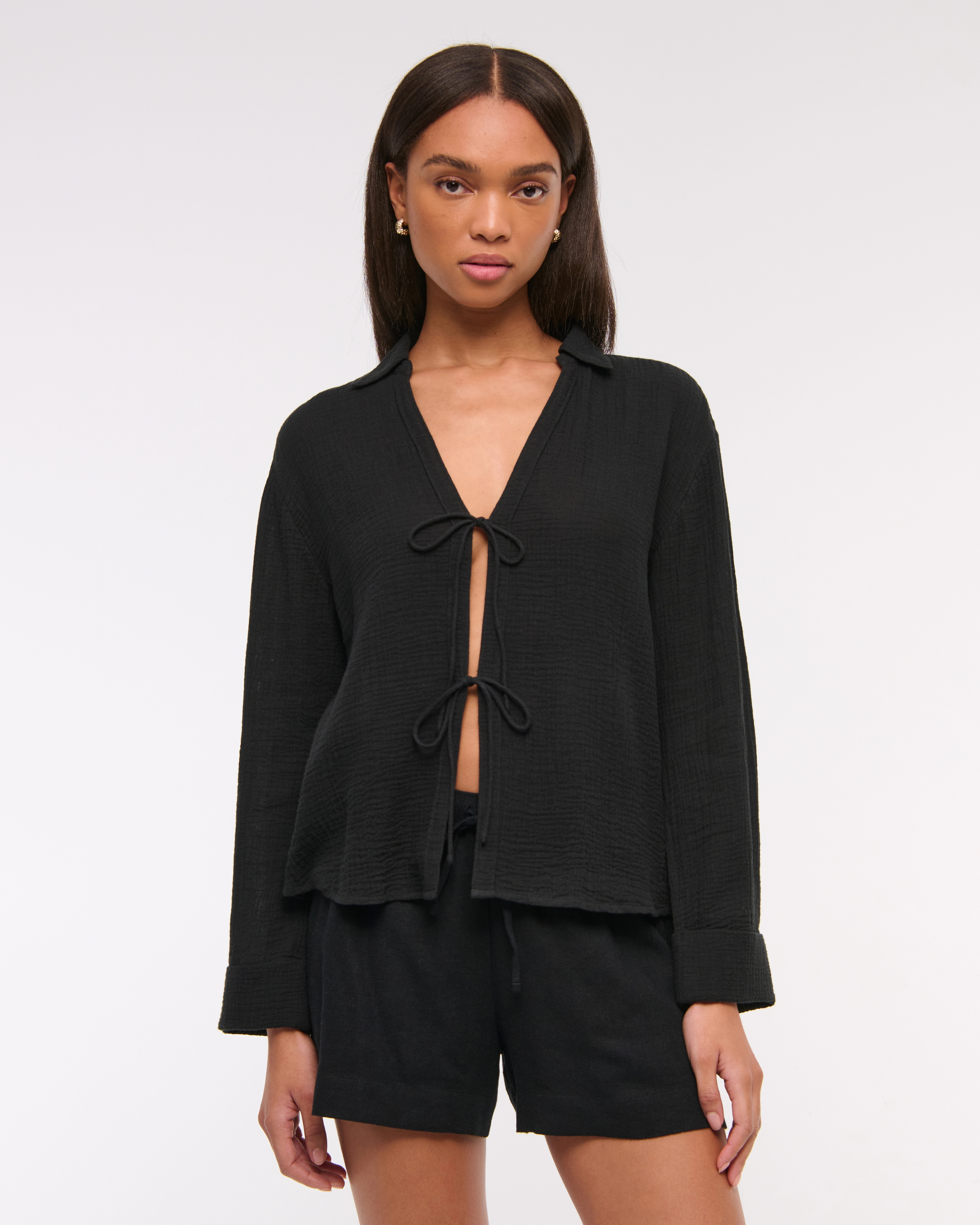 Long-Sleeve Oversized Tie-Front Gauzy Shirt | Abercrombie & Fitch (US)