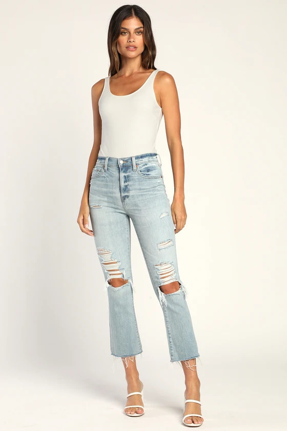 Shy Girl Light Wash Distressed Cropped High-Waisted Flare Jeans | Lulus (US)