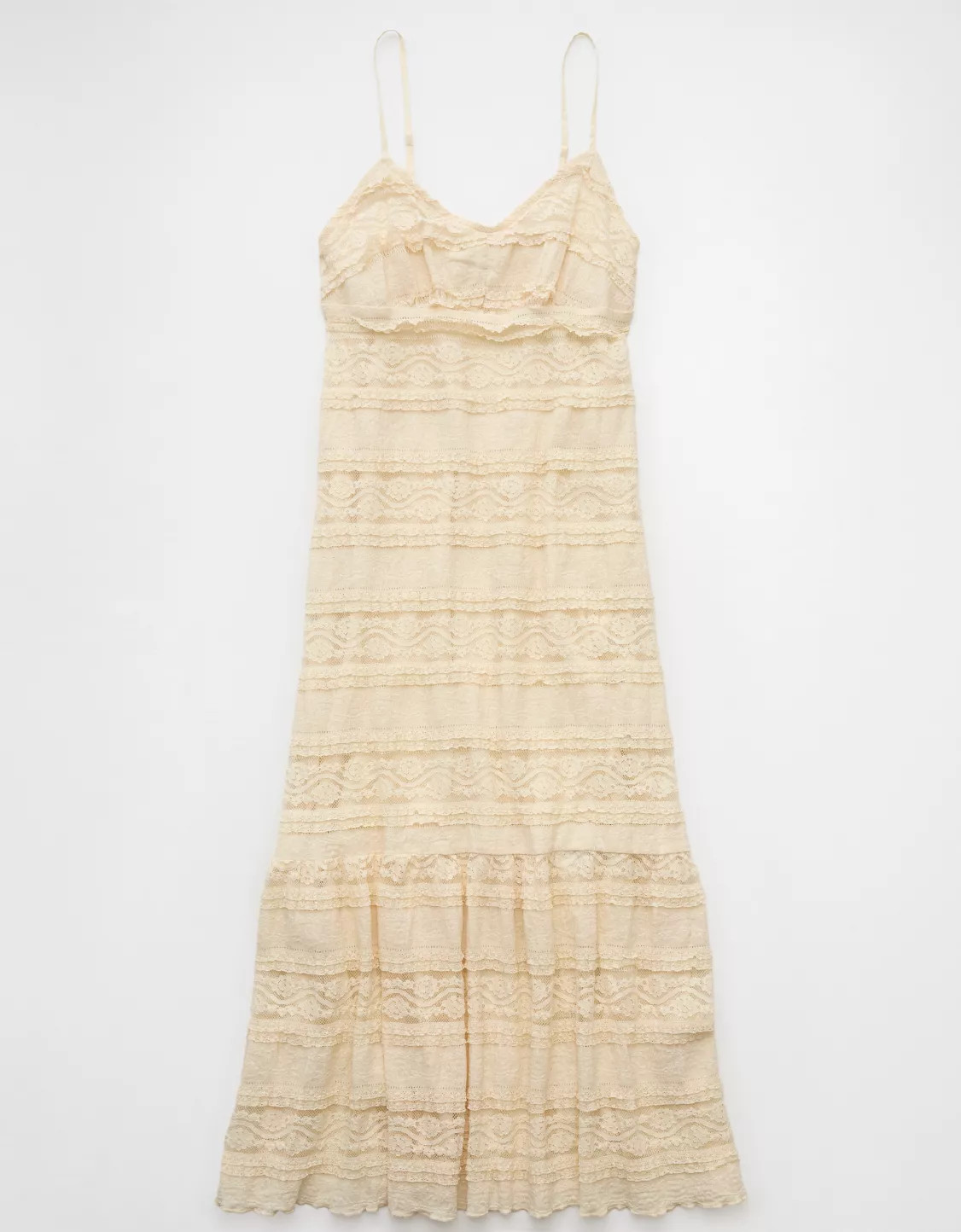 AE Lace V-Neck Tiered Midi Dress | American Eagle Outfitters (US & CA)