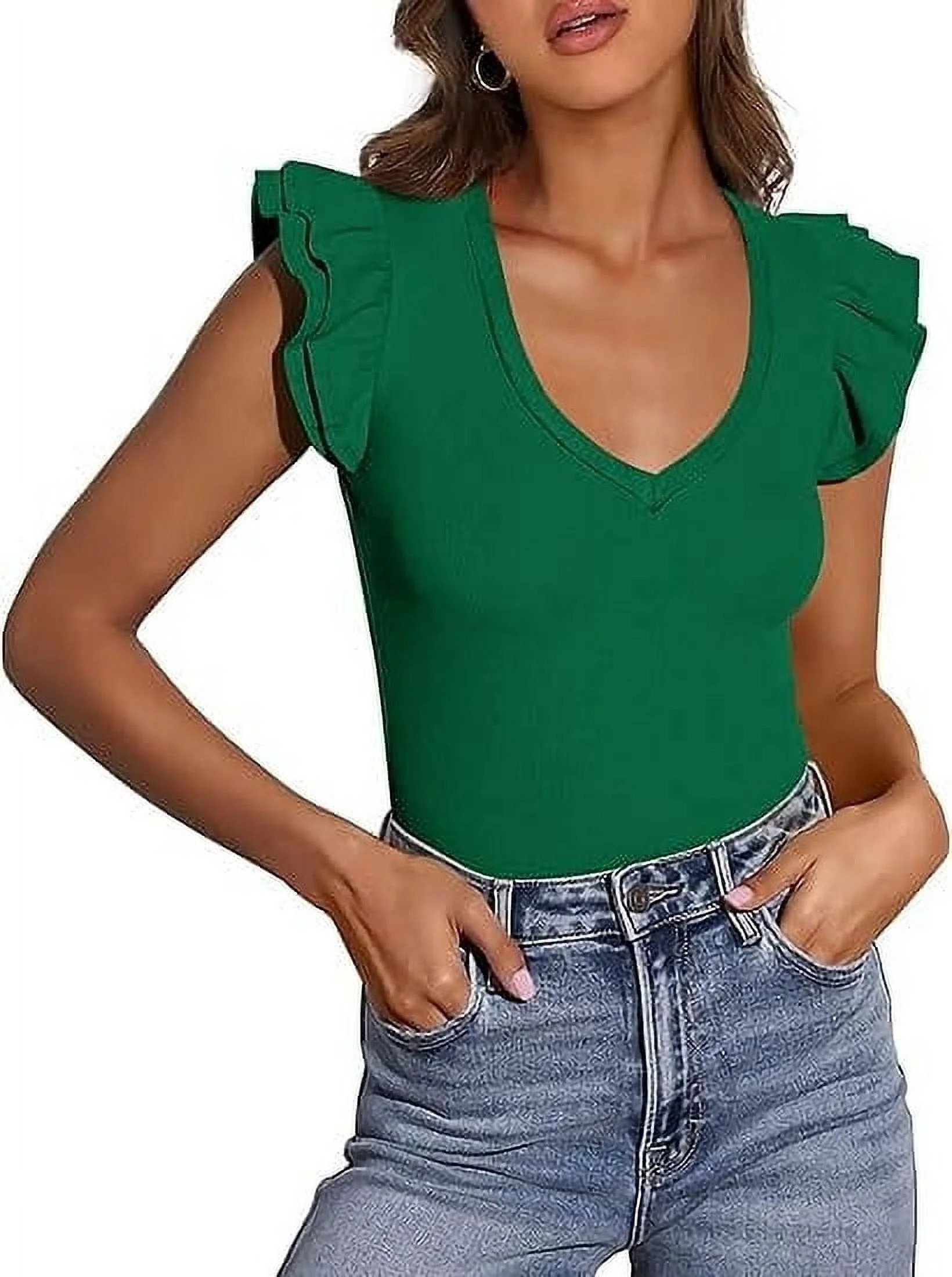 PRETTYGARDEN Womens V Neck Summer Tops Ruffle Sleeveless Slim Fit T Shirts Going Out Casual Blous... | Walmart (US)