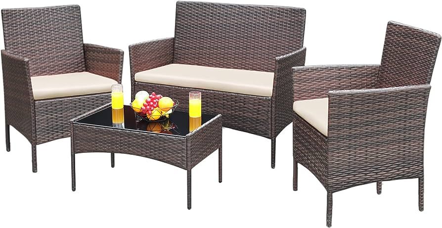 Greesum Patio Furniture 4 Pieces Conversation Sets Outdoor Wicker Rattan Chairs Garden Backyard B... | Amazon (US)