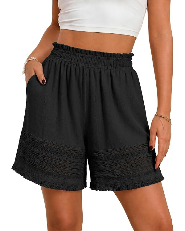 Womens Shorts Casual Elastic Waist Lounge Shorts Boho Summer Ruffle Lace-Trim Linen Beach Shorts | Amazon (US)