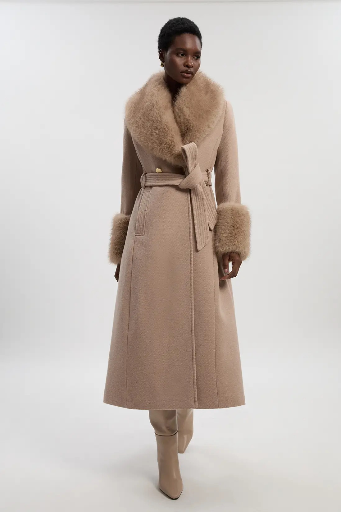 Jackets & Coats | Wool Blend Detachable Faux Fur Belted Midi Coat | KarenMillen | Karen Millen US