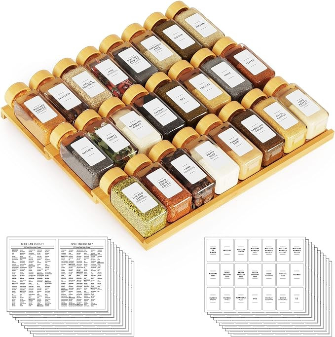 SpaceAid Bamboo Spice Drawer Organizer with 24 Spice Jars, 378 White Minimalist Spice Labels, 3 T... | Amazon (US)