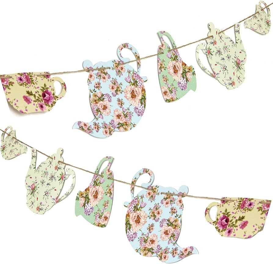 Tea Party Decoration Banner 2 Pack with 12 Pre-Strung Cups | Vintage Garden Teapot Decor, Tea Par... | Amazon (US)