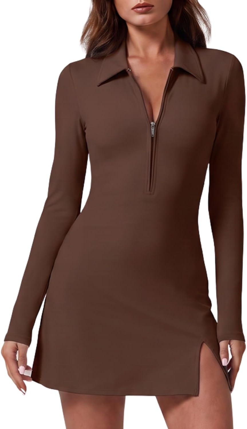 QINSEN Womens Two Pieces Zip Front Tennis Dress with Shorts Long Sleeve Polo Collar Workout Golf Dresses | Amazon (US)