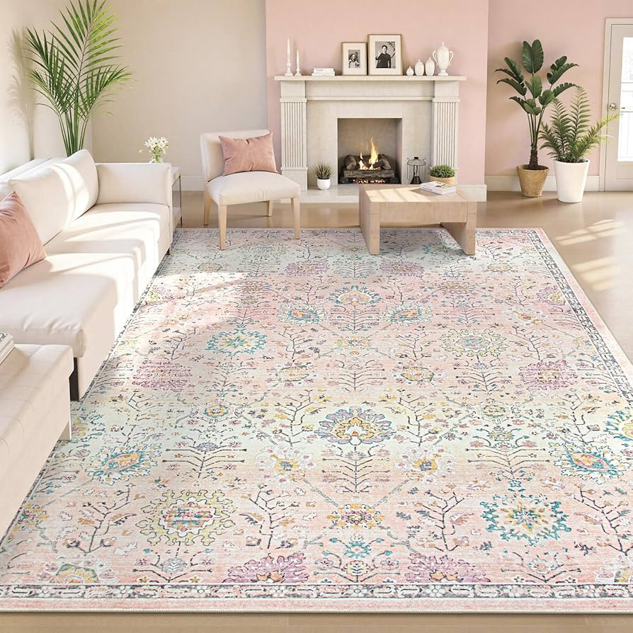 Lahome Pink Boho Area Rug, 8x10 Washable Rugs for Bedroom Girls Living Room, Soft Blush Floral No... | Amazon (US)