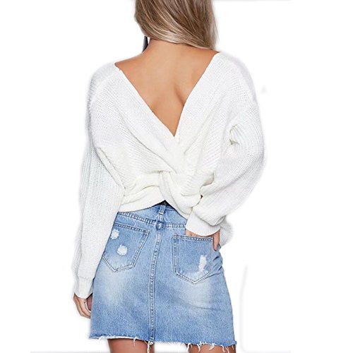 Tueenhuge Women Sweater Sexy Deep V-Neck Knitted Back Knot Pullover Top (White) | Amazon (US)