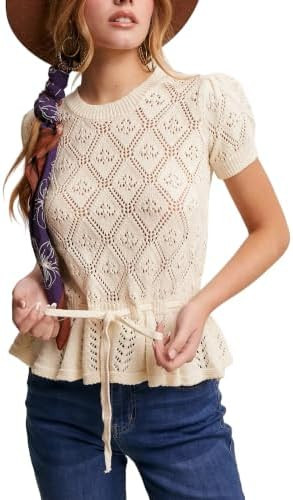 Women's Peplum Top Puff Sleeves Adjustable Tie-Waist Blouse Diamond Pointelle Shirts | Amazon (US)