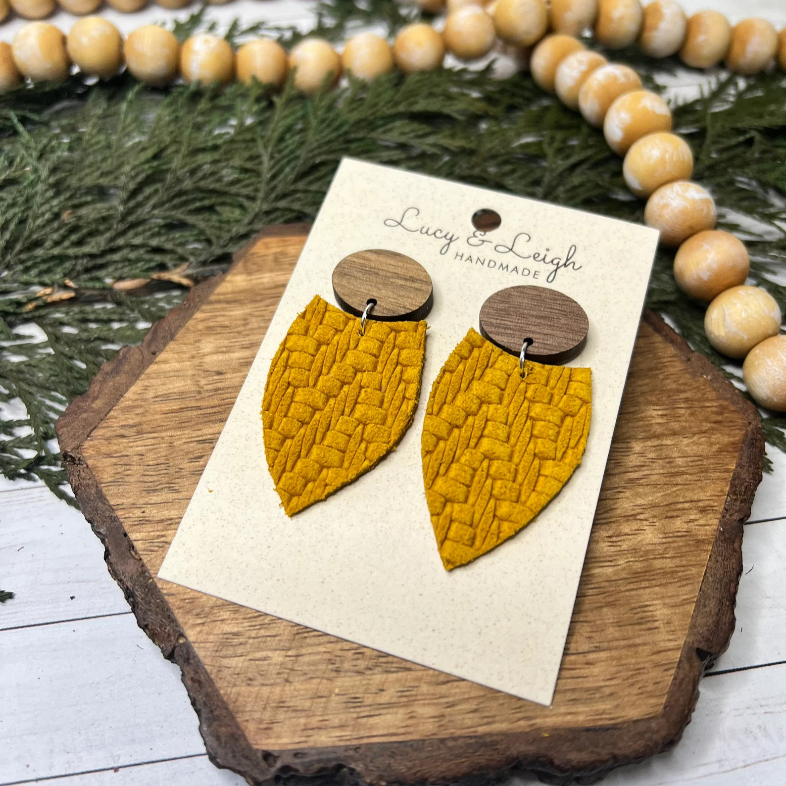 Mustard Yellow Leather Petal Earrings Wood Stud Dangle Lightweight Boho Jewelry - Etsy | Etsy (Global)