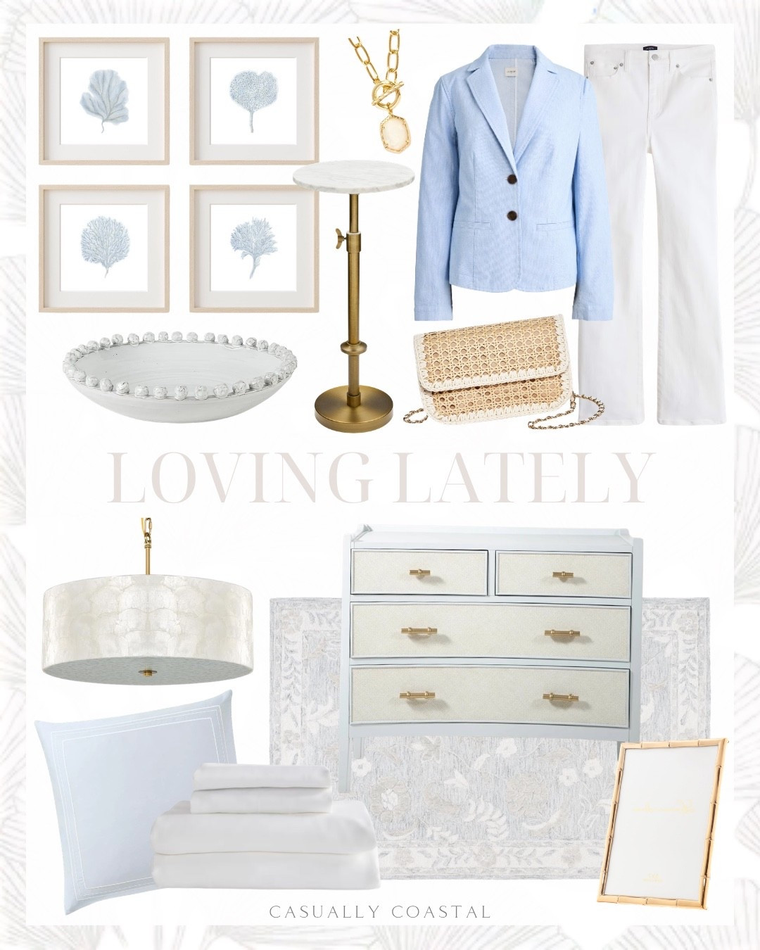 Loving Lately 

Coastal home decor, coastal style, coastal wall art, coastal rug, coastal bedding, coastal frame, coastal blazer, white jeans, blue blazer, coastal bowl, coastal pillow covers, ankle flare jean, unlined cotton blend blazer, Kendra Scott link and chain necklace, gold necklace, Etsy art, light blue watercolor art, adjustable height marble drink table, Amazon drink table, straw caning crossbody bag, ceramic decorative bowl, gold metal picture frame, seagrass dresser, coastal dresser, wayfair rug, hand tufted rug, floral rug, coastal drum capiz shell chandelier, Amazon chandelier, Serena & lily pillow cover, quince sheets, bamboo sheet set 

#LTKHome