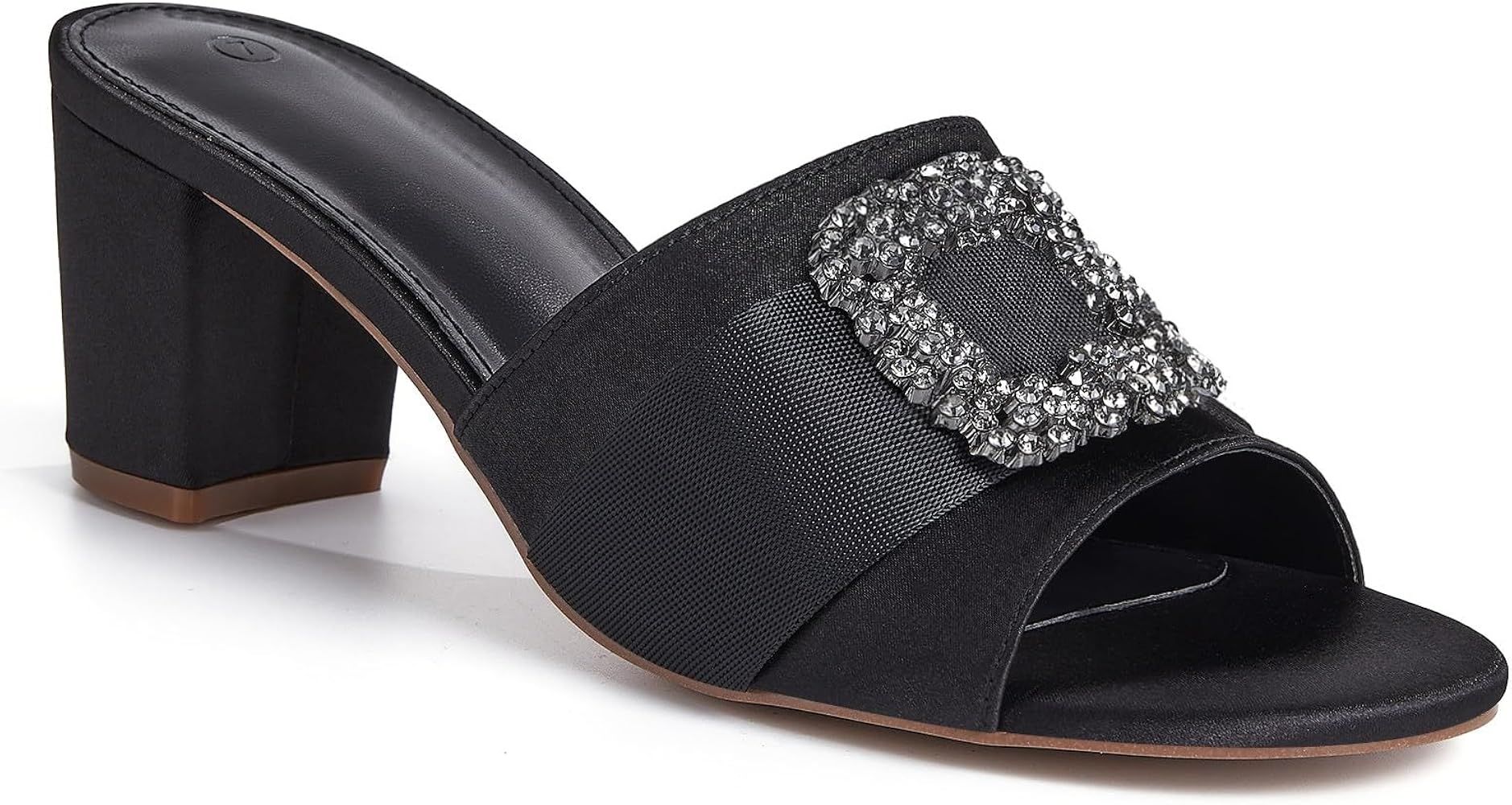 Womens Chunky Block Heel Mules Dressy Sandals Open Toe Rhinestone Jeweled Low Heeled Wedding Slid... | Amazon (US)