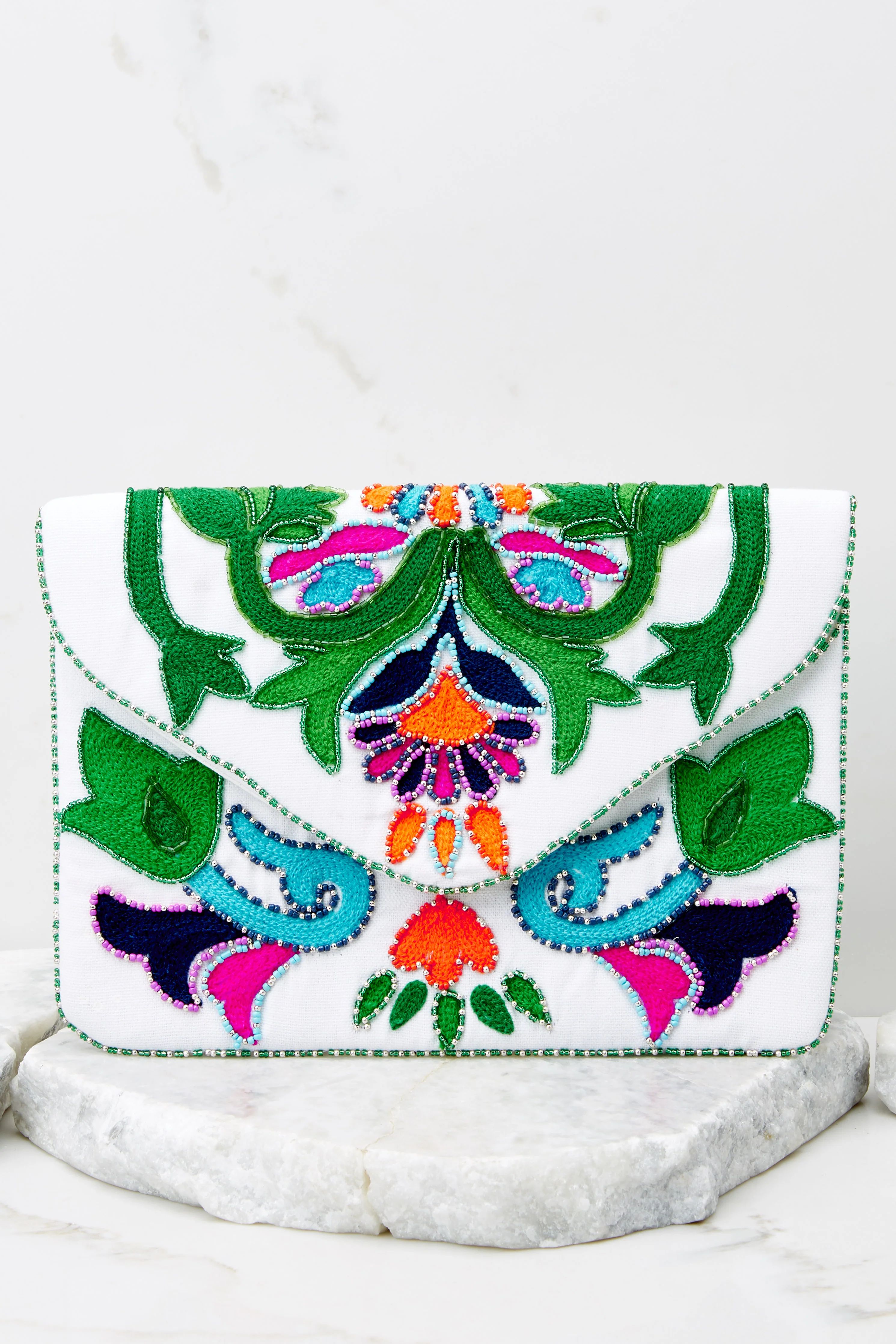 Picked From The Garden White Multi Beaded Clutch | Red Dress 