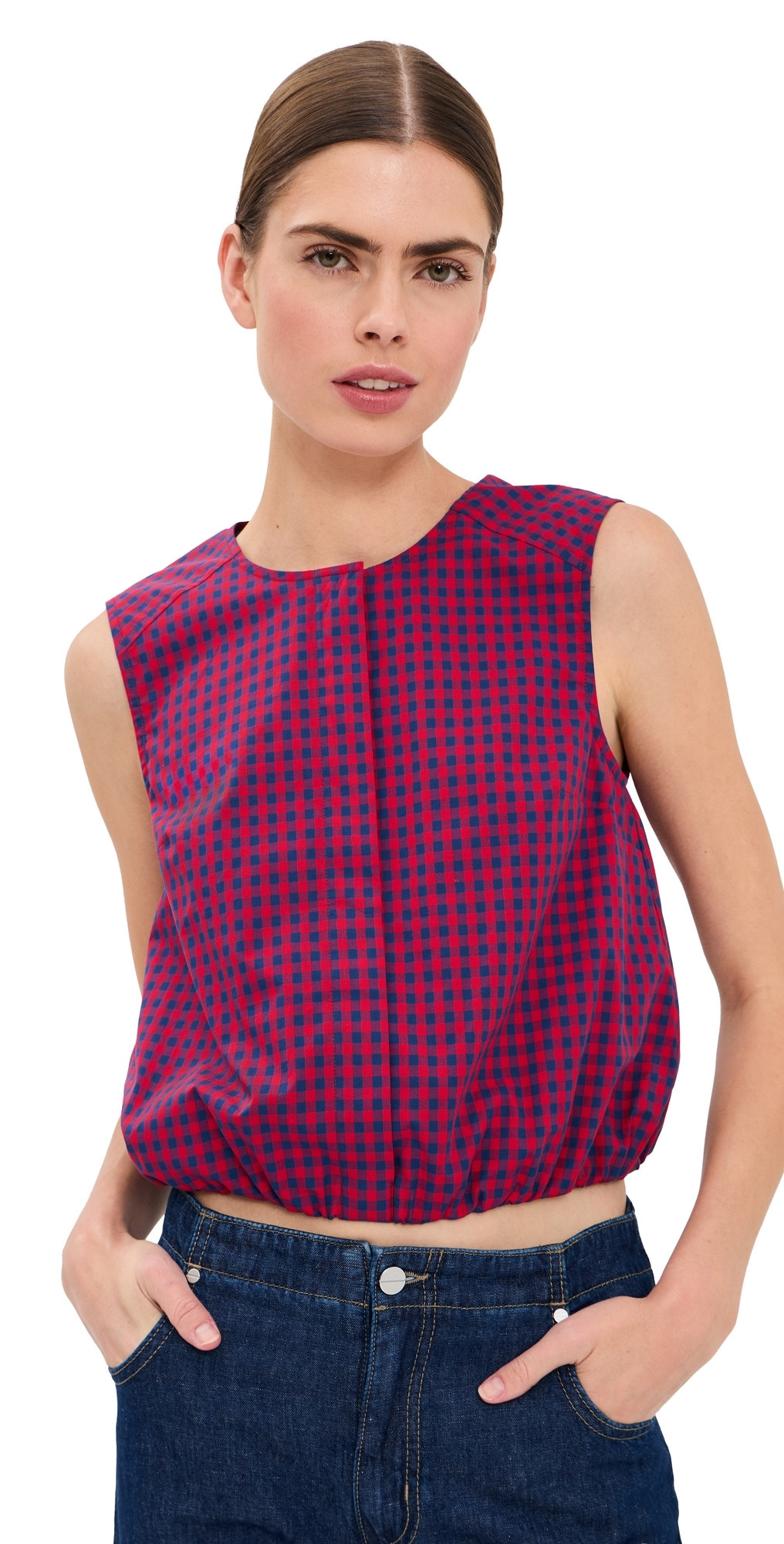 SIMKHAI Sleeveless Button Down Top Scarlet Midnight Gingham S | Shopbop