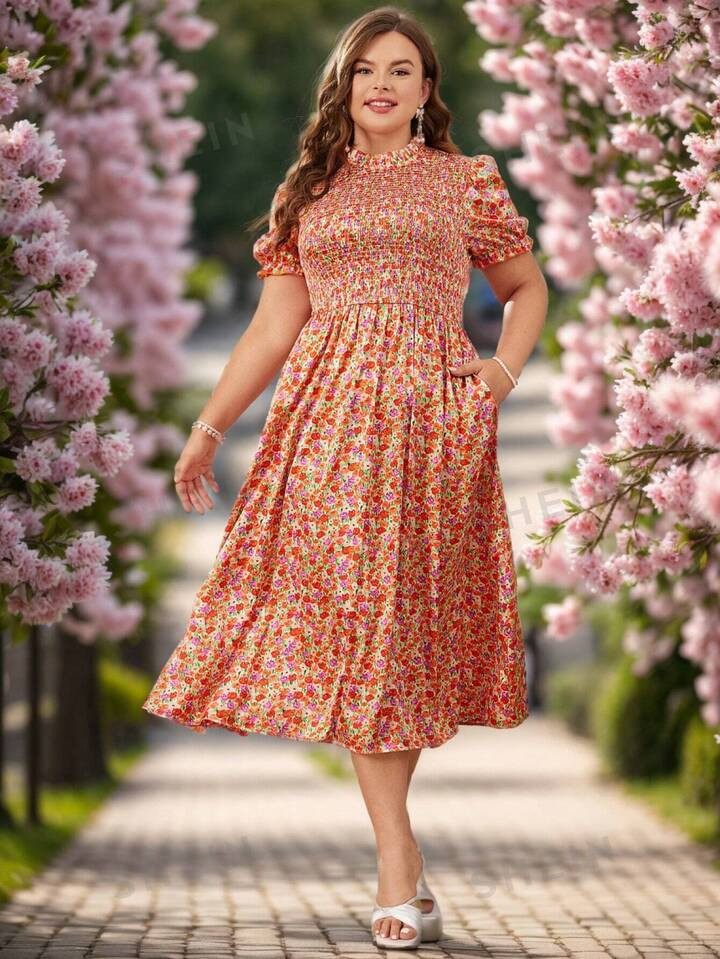 SHEIN Clasi Plus Size Puff Sleeve Floral Print Wedding Dress With Wrap Design | SHEIN
