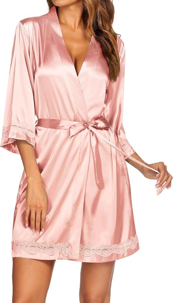 Ekouaer Women's Lace-Trim Silk Robes Bride Bridesmaid Kimono Satin Bathrobe V Neck Sleepwear with... | Amazon (US)