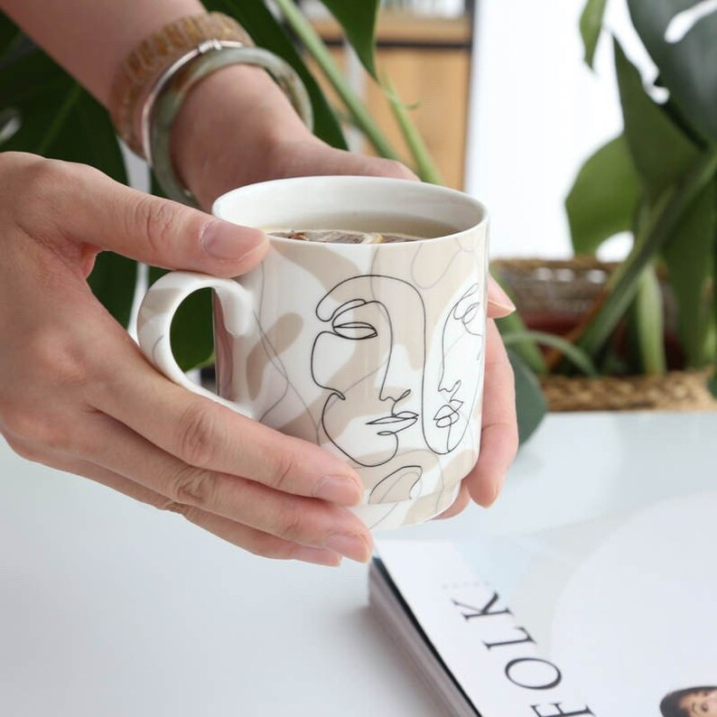 Stacked cup ceramic coffee mug, travel mug, ceramic tea cup with abstract face line | Etsy (US)