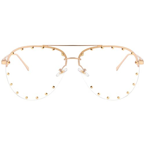 Dollger Clear Lens Glasses Non Prescription Fashion Metal Frame Bling Transparent Studded Aviator Eyeglasses UV 400 70s 80s Designer Square Oversized Rimless Glasses(Gold Frames/Clear Lens) | Amazon (US)