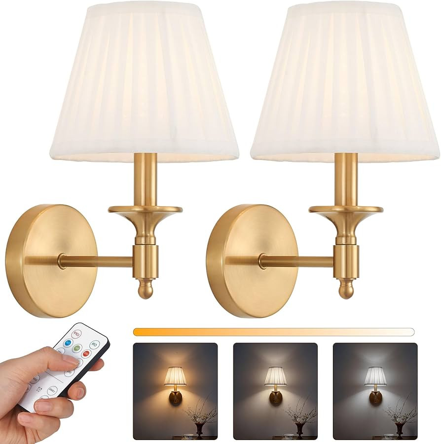 Battery Operated Wall Sconce Set of 2, Gold Wireless Wall Lights with 3 CCT Color Temperature & D... | Amazon (US)