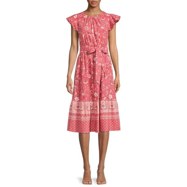Time and Tru Women's Printed Midi Dress with Flutter Sleeves | Walmart (US)