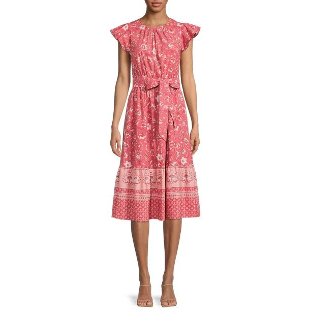 Time and Tru Women's Printed Midi Dress with Flutter Sleeves - Walmart.com | Walmart (US)